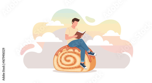 Serene Reading Session: A Relaxing Moment Above a Delightful Cinnamon Roll