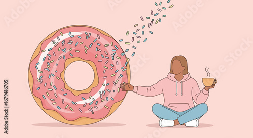 Serene Sketch Depicting Donut Delight. A Thoughtful Moment Pairing Coffee. Casual Vibes