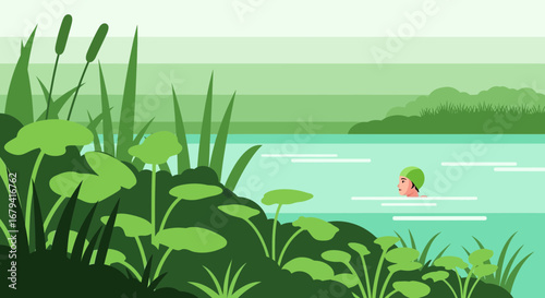 Serene Swimmer Enjoys Aquatic Calm Amidst Lush Green Waterside Flora