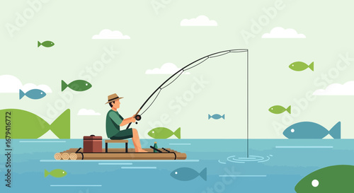 Serene Summer Illustration Showing A Person Fishing Peacefully In Calm Waters