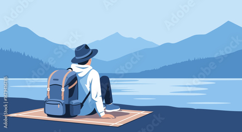 Serene Traveler Contemplating Mountain Scenery Beside a Tranquil Lakeside Landscape