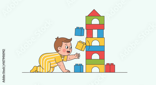Playful Toddler Building Tower Of Blocks With Joyful Expression And Eagerness