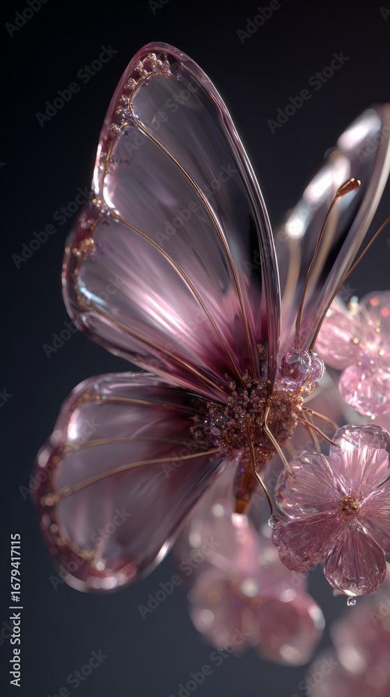 Fototapeta premium Delicate pink glass butterfly with flower decorations