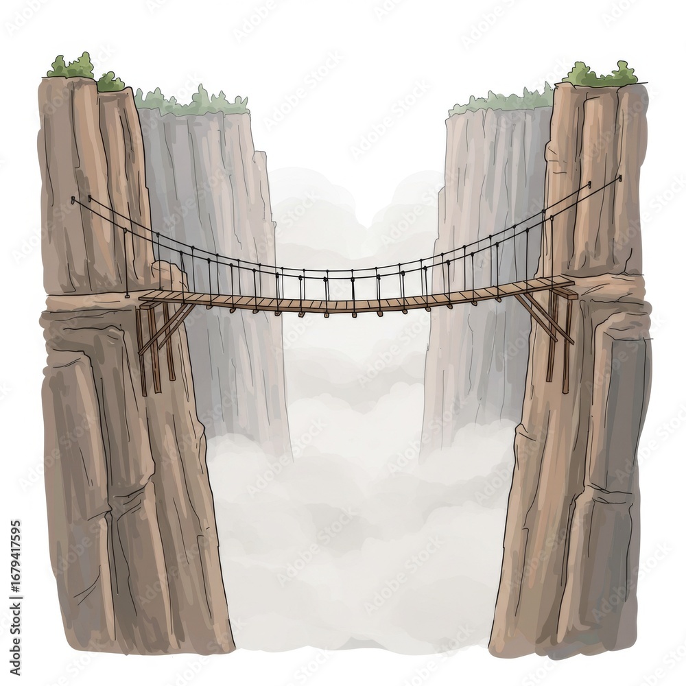 Fototapeta premium Suspension Bridge Between High Cliffs with Dense Fog in a Mountain Landscape