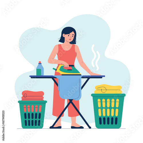 Woman ironing clothes on an ironing board with laundry baskets at home