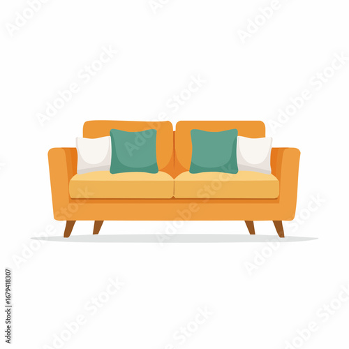Modern orange sofa with colorful pillows isolated on a white background. Vector illustration for interior design concept