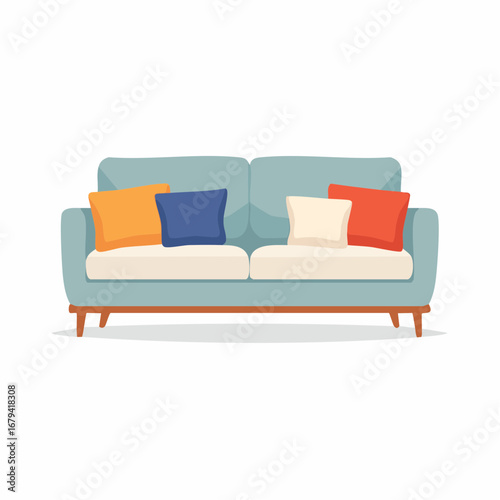 A comfortable light blue sofa with vibrant orange, blue, and red decorative pillows. A modern furniture design concept for a cozy home interior, isolated vector illustration