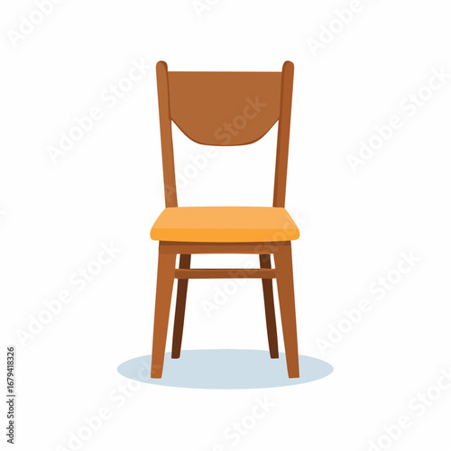 Classic wooden dining chair with a soft orange upholstered seat, front view vector illustration isolated on a white background for interior design
