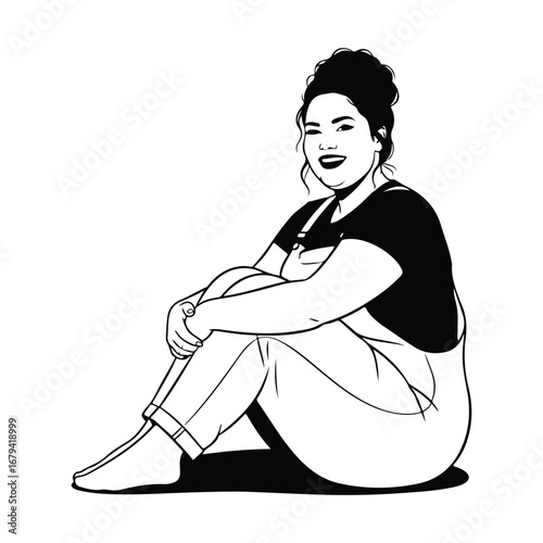 Woman with curly hair wearing overalls sitting and winking t-shirt