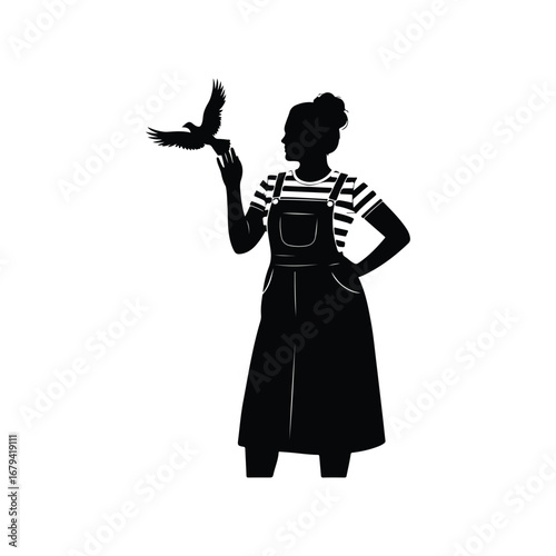 Black silhouette of a woman in overalls and striped shirt holding a bird on her finger vector