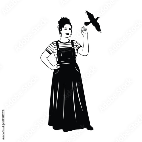 Black silhouette of a woman in a striped shirt and overalls reaching towards a flying bird vector