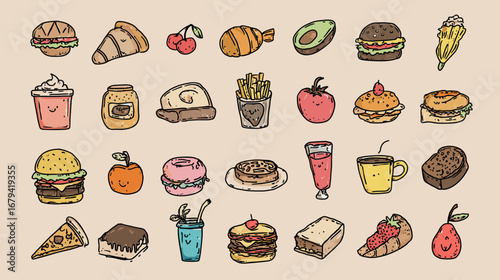 Illustration of various cartoon food items on a beige background.
