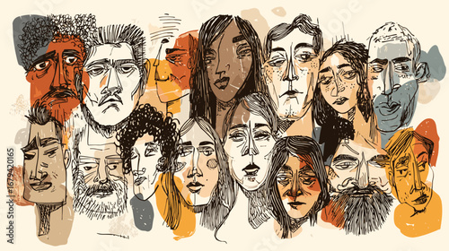 Abstract illustration of diverse faces with various expressions.