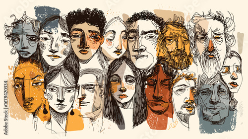 Abstract illustration of diverse faces with various expressions.