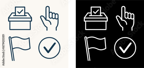 Minimalist flat vector illustration of a democracy and voting icon set. Includes ballot box, raised hand, waving flag, and checkmark symbol. Perfect for politics, election.