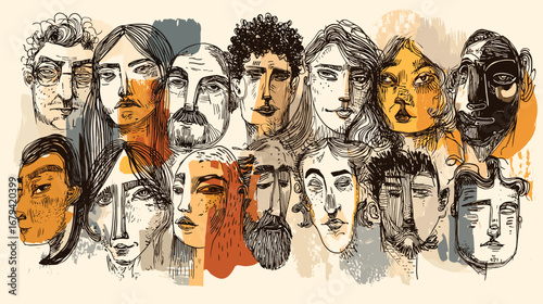 Abstract illustration of diverse faces with various expressions.