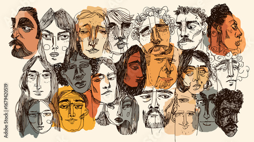 Abstract illustration of diverse faces with various expressions.