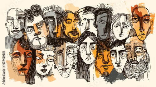 Abstract illustration of diverse faces with various expressions.