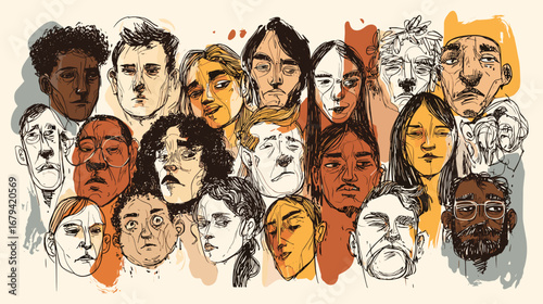 Abstract illustration of diverse faces with various expressions.