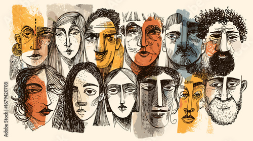 Abstract illustration of diverse faces with various expressions.