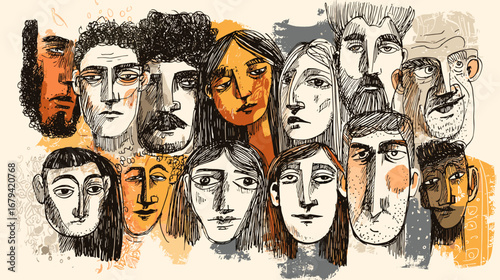 Abstract illustration of diverse faces with various expressions.