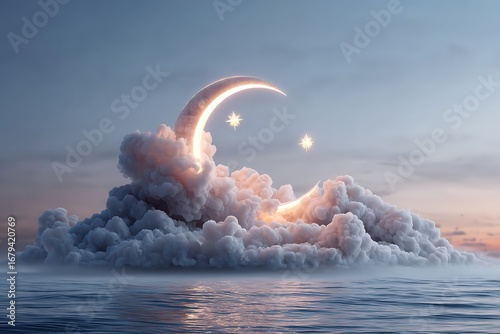 A serene Ramadan Kareem background with glowing clouds above a calm sea, the crescent moon and stars glowing gently, with ample copy space for your message.