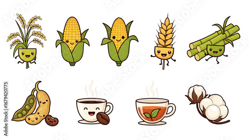 Cute Kawaii Foods and Plants Collection Featuring Cereal, Corn, Coffee, Tea, and Cotton