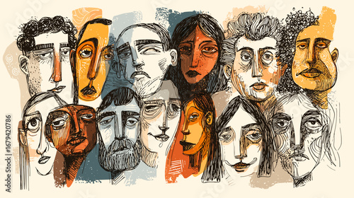 Abstract illustration of diverse faces with various expressions.