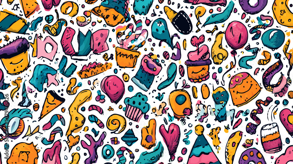 Fototapeta premium Colorful doodle pattern with abstract shapes and playful elements.
