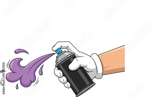 An artistic hand wearing a glove sprays vibrant purple graffiti paint from an aerosol can artwork