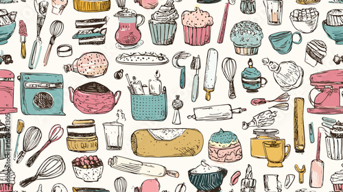 Seamless pattern with hand-drawn baking elements like cupcakes, whisks, and rolling pins on background.
