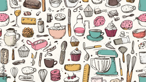 Seamless pattern with hand-drawn baking elements like cupcakes, whisks, and rolling pins on background.