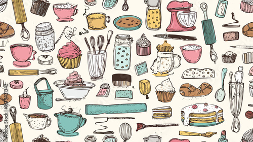 Seamless pattern with hand-drawn baking elements like cupcakes, whisks, and rolling pins on background.