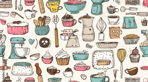 Seamless pattern with hand-drawn baking elements like cupcakes, whisks, and rolling pins on background.