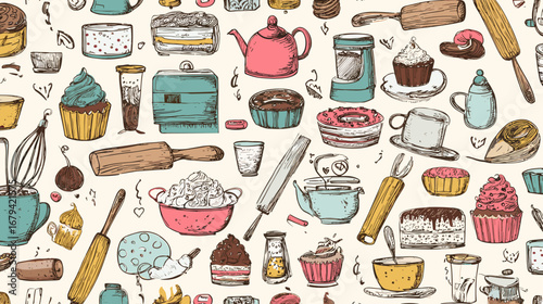 Seamless pattern with hand-drawn baking elements like cupcakes, whisks, and rolling pins on background.