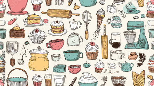 Seamless pattern with hand-drawn baking elements like cupcakes, whisks, and rolling pins on background.