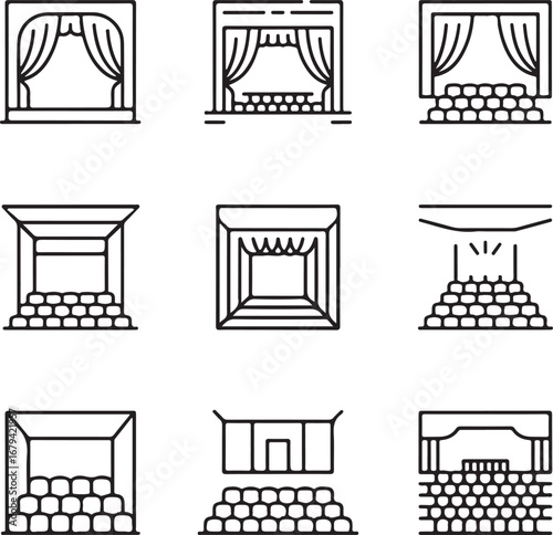Stage and Seating Outline Icon Pack Proscenium Theater, Thrust Stage, Black Box Venue, Mezzanine, and Auditorium Balcony
