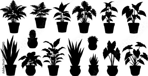 Houseplant Silhouettes Vector Set, Indoor Plants in Pots Isolated on White Background
