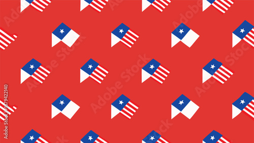 Repeating pattern of american flags on a red background