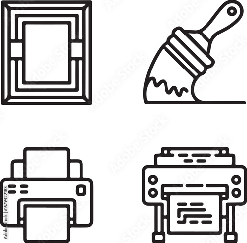 Printing Process Outline Icons Screen Print Frame, Ink Squeegee, Digital Printer, Heat Transfer, and Offset Press Vector Set
