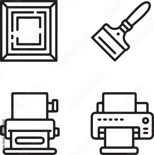 Printing Techniques Outline Icons Set Screen Print Frame, Ink Squeegee, Heat Press, Offset Roller, and Digital Printer