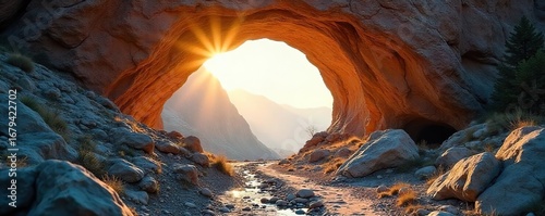 Majestic natural stone archway, sunlight streaming through, creating a dramatic, ethereal scene in a rugged landscape  Perfect for travel, nature, and adventure themes ,  sunbeam,  exploration