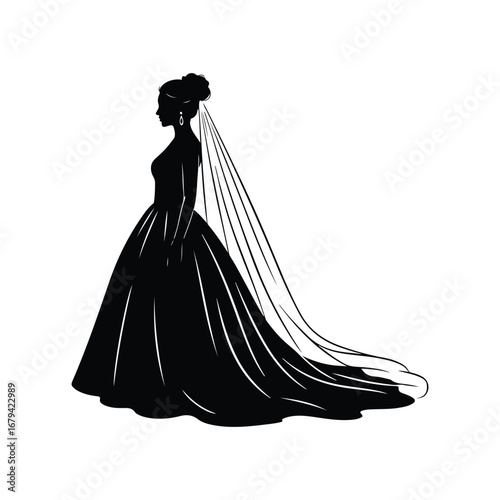 Black silhouette of a bride in a flowing wedding dress and veil woman