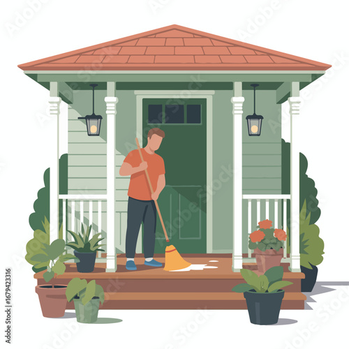 Man sweeping porch of house with broom on a sunny day illustration