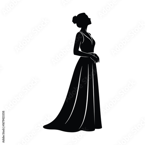 Black silhouette of a woman in a long elegant dress with her head tilted back long dress