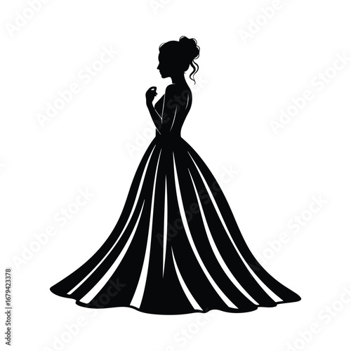 Black silhouette of a woman in a ball gown with hair in an updo female dress