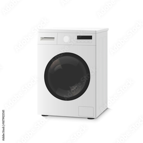 White washing machine, side view. Washing clothes.