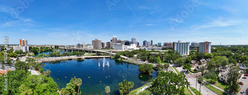Panoramic view of downtown Orlando skyline with condo and business buildings in Orange County, Orlando, Florida, USA. 