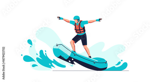 Man riding an inflatable raft on water with a splash, outdoor water activity