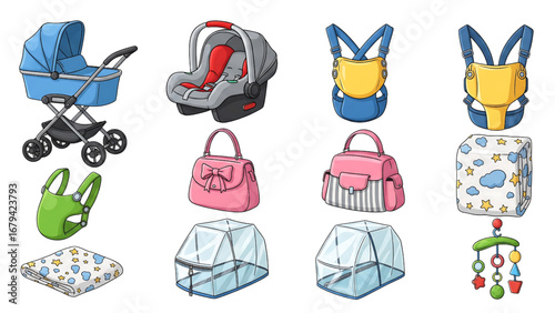 Collection of baby gear and accessories for a newborn